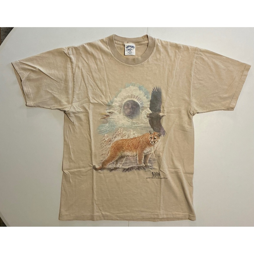 VTG Single Stitch USA Made Cougar Eagle Indian Native Land‎ T-Shirt Mens M Tan